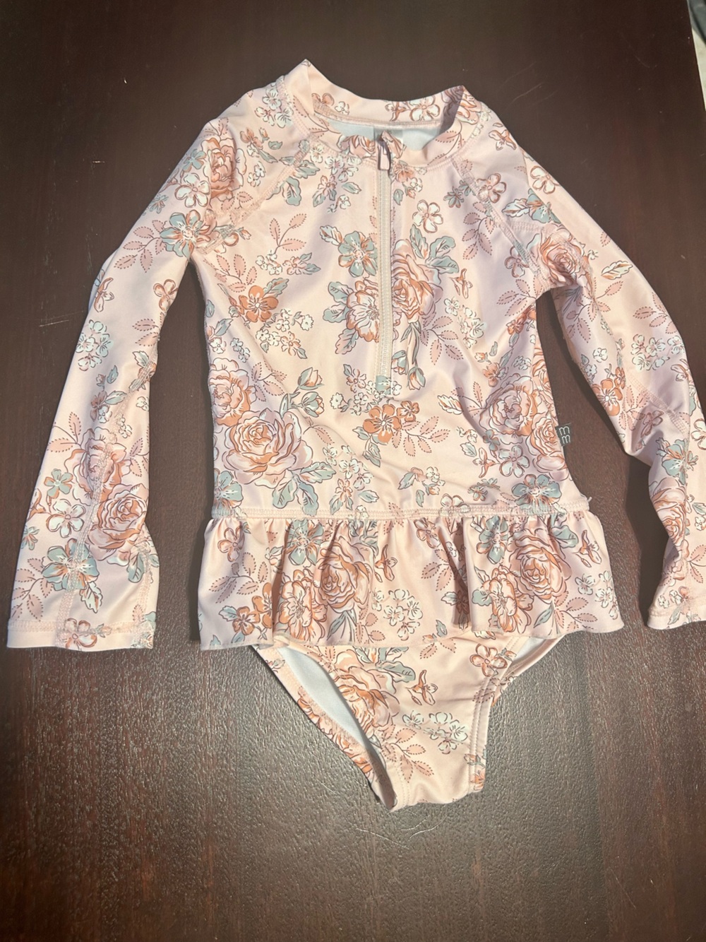 Long Sleeve Floral One-Piece Swimsuit with Ruffle Skirt - Pink